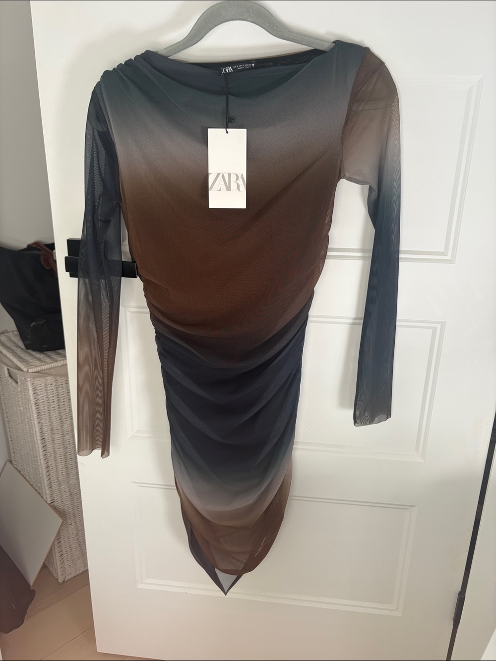 Zara Ombre Long-Sleeve Mesh Bodycon Dress — Brown to Black